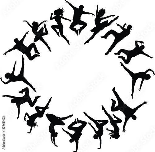 Dynamic circular dance silhouettes forming abstract composition of energetic male and female performers jumping and spinning in modern contemporary choreography on white background