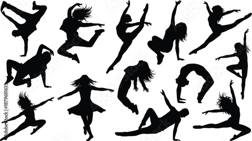 Dynamic dance silhouettes of female performers leaping, stretching, and balancing in contemporary choreography poses, expressive movement figures isolated on white background