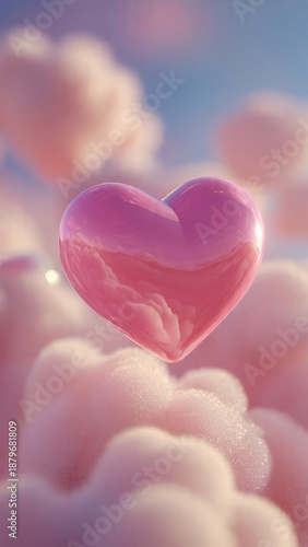 Pink heart shaped on fluffy clouds with blue sky