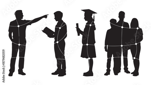 Graduation Ceremony Silhouettes of Students and Teachers Isolated on White Background