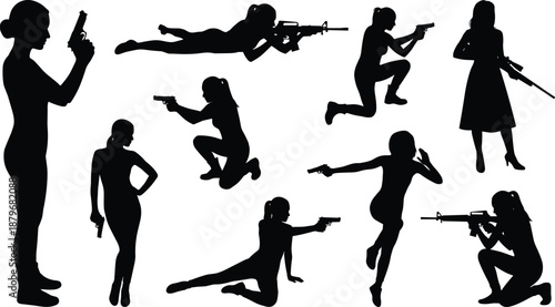 Female action silhouettes with guns showing tactical combat poses, armed women aiming pistols and rifles, military and law enforcement concepts isolated on white background