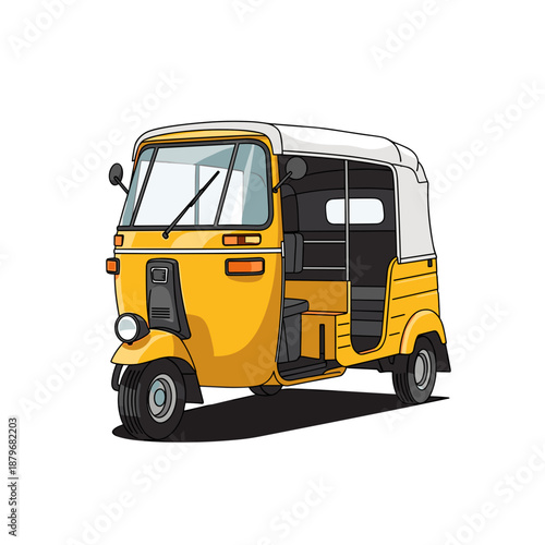 Yellow auto rickshaw vector illustration depicting classic three wheeled passenger taxi vehicle used in asian countries for urban transportation design isolated on white.