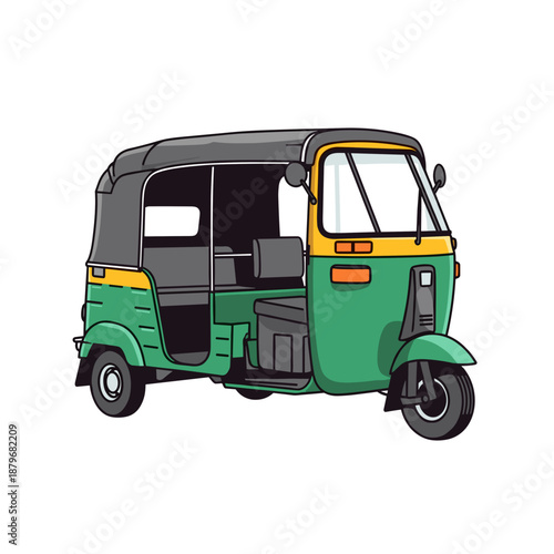 Detailed green and yellow auto rickshaw vector illustration representing traditional indian public transport taxi vehicle isolated on white background for travel concept.