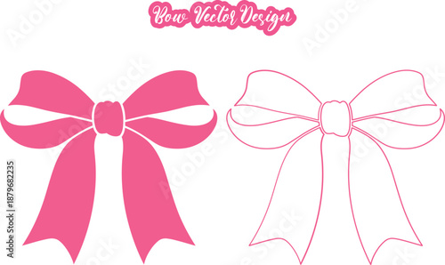 Bow. Ribbon Bow Vector Illustration. Valentine Heart Ribbon Vector Elements. Layered Ribbon Tie Silhouette. Curvy Tapered Bow Clipart. Formal Double Fold Pink Ornament