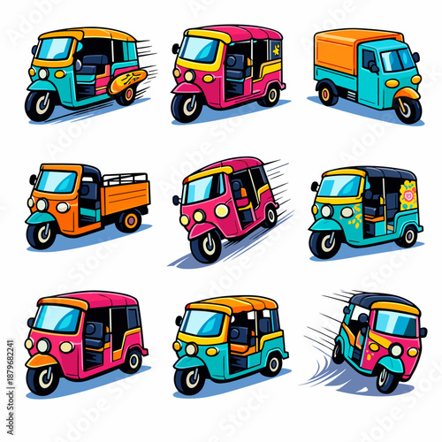 Cartoon auto rickshaw vector set collection illustrating diverse colorful tuk tuk transport vehicles including delivery truck and passenger taxi isolated on white background.