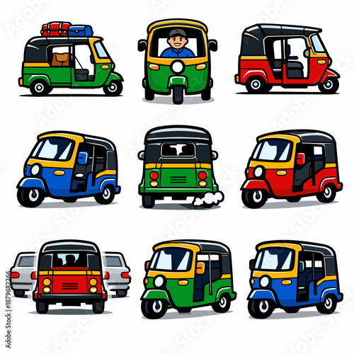 Vector auto rickshaw icon set showing indian tuk tuk taxi in various views with driver character and luggage on roof for travel and transportation design isolated on white.