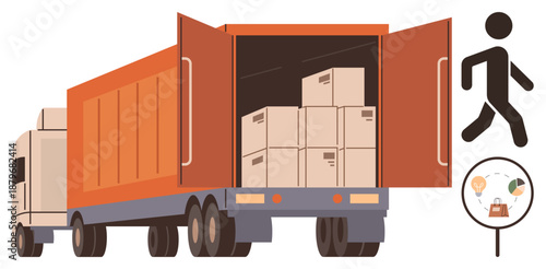 Logistics, delivery services, transportation industry, supply chain management, goods distribution, inventory. Cargo truck with open doors revealing loaded boxes. Logistics and delivery services