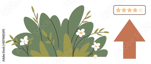 Business improvement, feedback, rating progression, online reviews, customer satisfaction, eco-friendly growth. Green plants with flowers and an upward arrow beside a star rating. Business