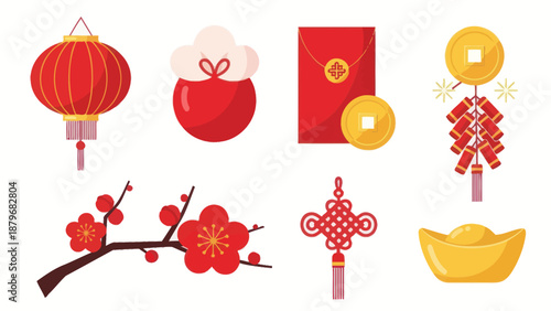 Chinese New Year Icons: Lantern, Red Envelope, Coins, Firecrackers, Blossom, Knot