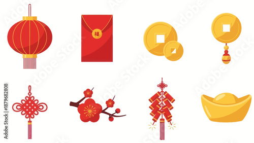 Chinese New Year Icons: Lantern, Red Envelope, Coins, Firecrackers, Knot, Plum Blossom, Gold Ingot