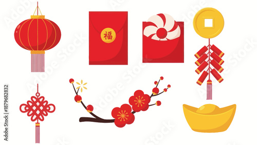 Chinese New Year Symbols: Lantern, Red Envelope, Firecrackers, Gold Ingot, Flower