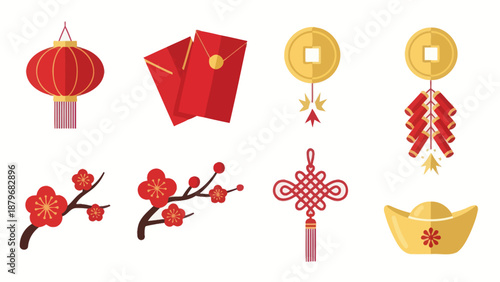 Chinese New Year Icons: Lantern, Red Envelopes, Firecrackers, Coins, Flowers, Knot