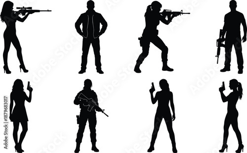 Armed action character silhouettes set featuring male and female figures with guns in combat poses isolated on white background for movie, game, poster and graphic design use