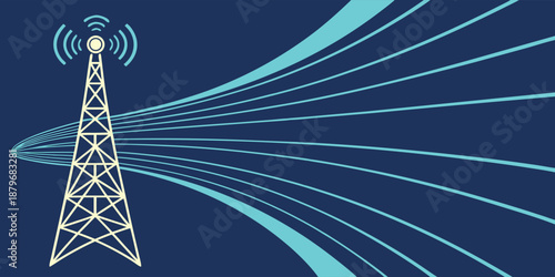 Minimalist digital illustration vector of a telecommunications tower emitting stylized blue and white radio frequency signal waves