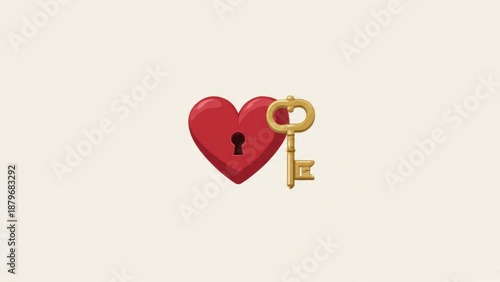 Red heart with key on beige background gold lock