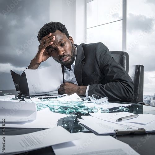 Stressed businessman overwhelmed with paperwork at his office desk.