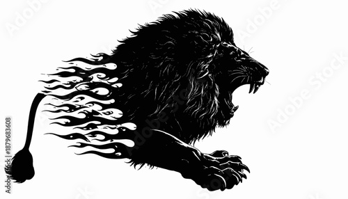 A fierce lion silhouette roars, mane and tail merging into flame-like shapes on white