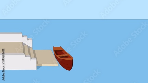 A wooden boat is docked at the edge of the harbor animation video 