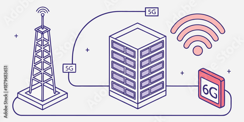 Minimalist isometric vector or line art illustration of a telecommunications tower connecting to a data server with 5g and 6g icons