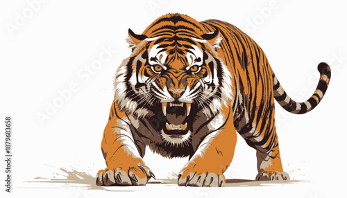 A fierce, stylized illustration depicts a roaring big cat with orange and black stripes