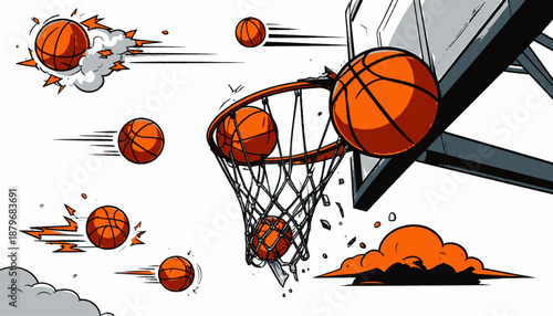 A dynamic illustration showing basketballs in motion, including a net and backboard, set against a white background