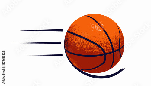 An orange, textured, and detailed sphere with dark lines, and streaks to show motion on a white background