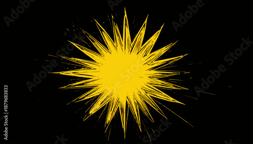 A radiant, yellow burst against a black background. This abstract design evokes energy and dynamic movement