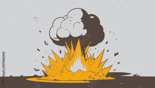 Illustration of an explosion with smoke, fiery burst, and debris scattered against gray background