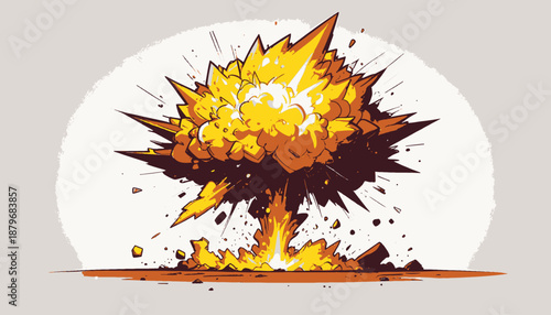 Stylized illustration of an explosion, yellow and brown hues against a neutral background