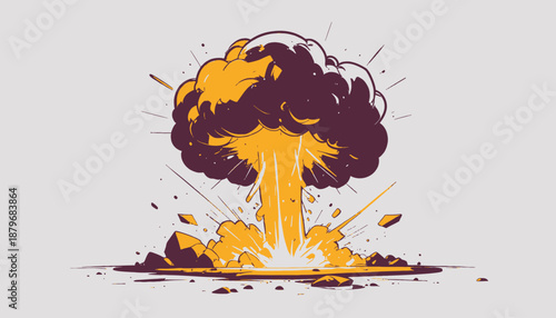 A stylized illustration depicting an explosion with a mushroom cloud rising upwards