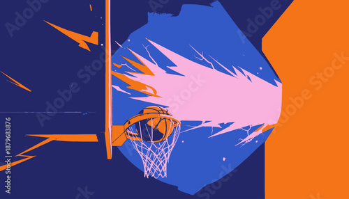 Stylized basketball hoop and ball in a colorful, graphic design with abstract shapes and forms
