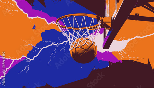 Basketball net with a ball inside against a backdrop of colorful, abstract lightning