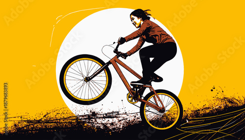 A smiling person is riding a bicycle with one wheel off the ground on a yellow background