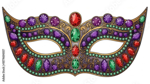 Vibrant Masquerade Mask with Jewels and Ornate Details Isolated on White