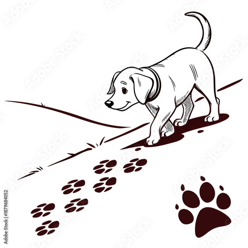 White back ground a black and white illustration of a red colour baby dog.