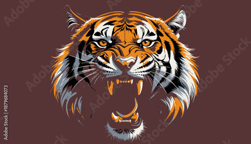 A ferocious tiger's head depicted in a graphic style, with open mouth, showing sharp teeth