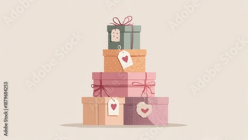 Stack of gift boxes with heart tags on beige background gifts hearts