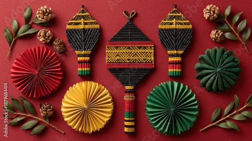 Colorful african-inspired decorations on red background with textured patterns