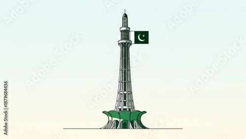 Minar-e-Pakistan Monument with Green Flag Flying High on Light Blue Background