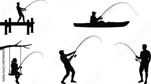 Silhouette collection of fishermen casting fishing rods from pier, kayak, swing and shore, outdoor recreational fishing activities isolated black figures for sport design