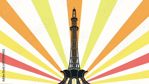 Minar-e-Pakistan Monument Silhouette with Colorful Sunburst Background