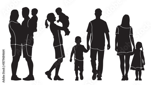 Family Silhouettes Walking Together Isolated on White Background