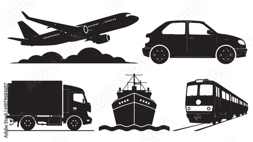 Transportation Silhouettes Airplane, Car, Truck and Ship, Train on White Background