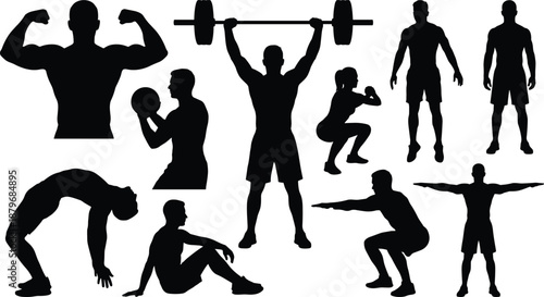 Silhouette set of fitness athletes performing strength training, weightlifting, squats, stretching and bodybuilding exercises, isolated black figures for gym, sport and workout design