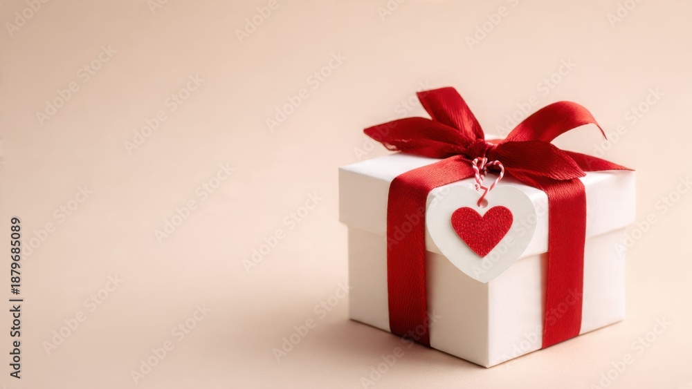 Obraz premium White gift box with red ribbon and heart tag from side angle