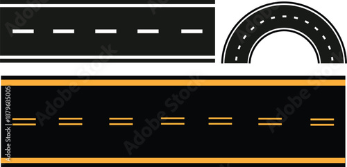 asphalt road markings with yellow and white dashed lane dividers on black pavement for traffic navigation