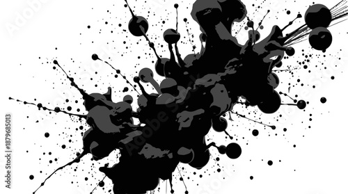 Abstract black ink explosion on a pristine white canvas, featuring a central large splash surrounded by countless scattered droplets and fine specks.