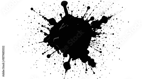 A dynamic black ink splat with numerous droplets and streaks radiating outwards on a stark white background.