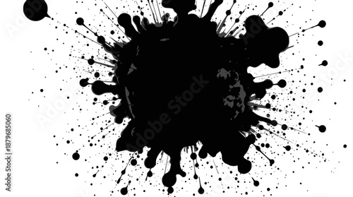 A dynamic black ink splatter with numerous small droplets radiating outwards on a pristine white background, creating an abstract and impactful visual.