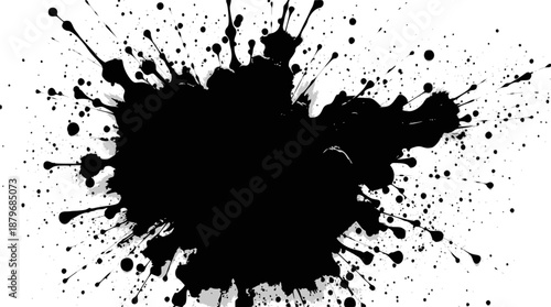 A dramatic black ink splatter creating an abstract and messy design on a clean white background.